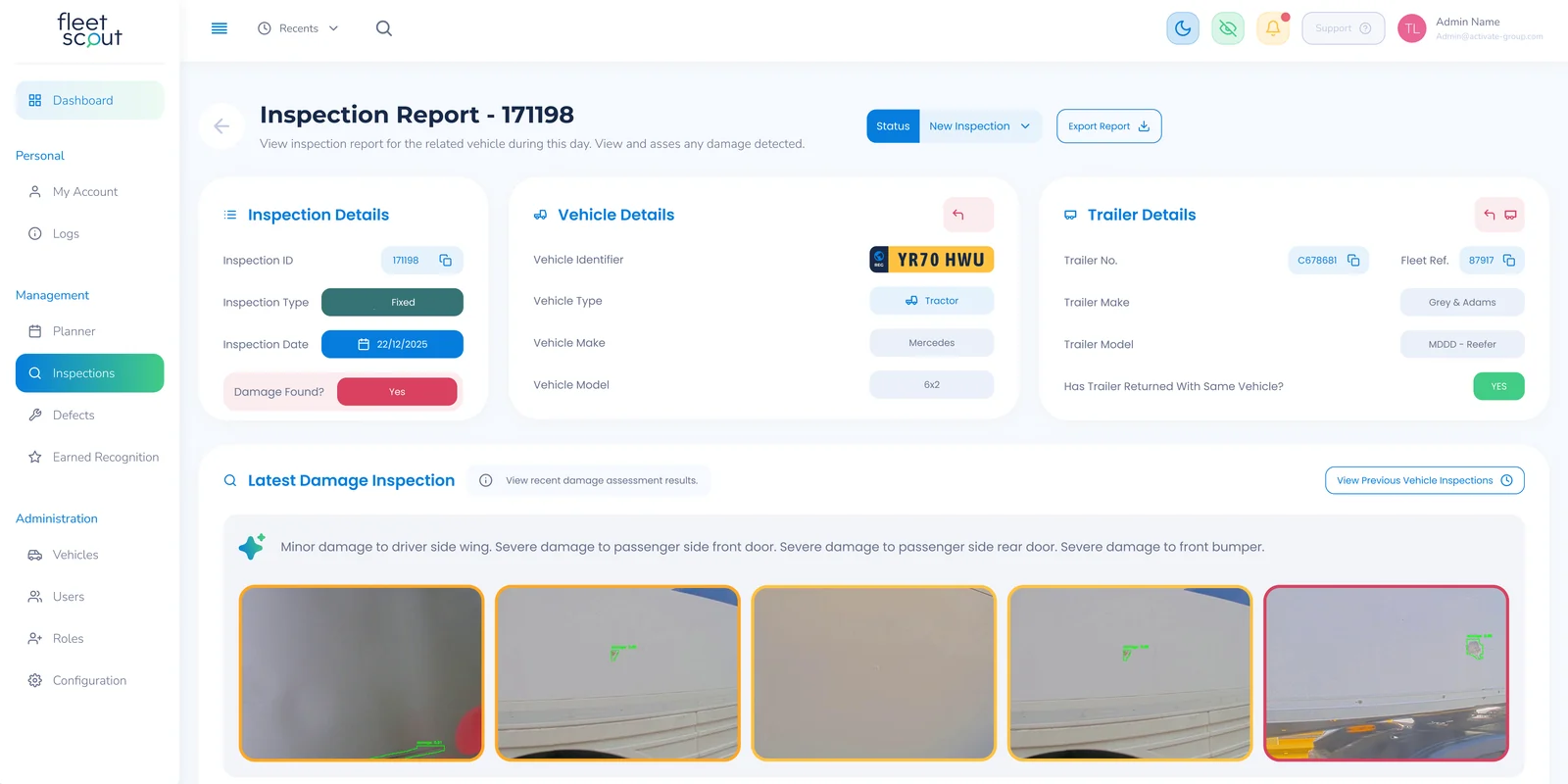 FleetScout Central inspection report with damage images