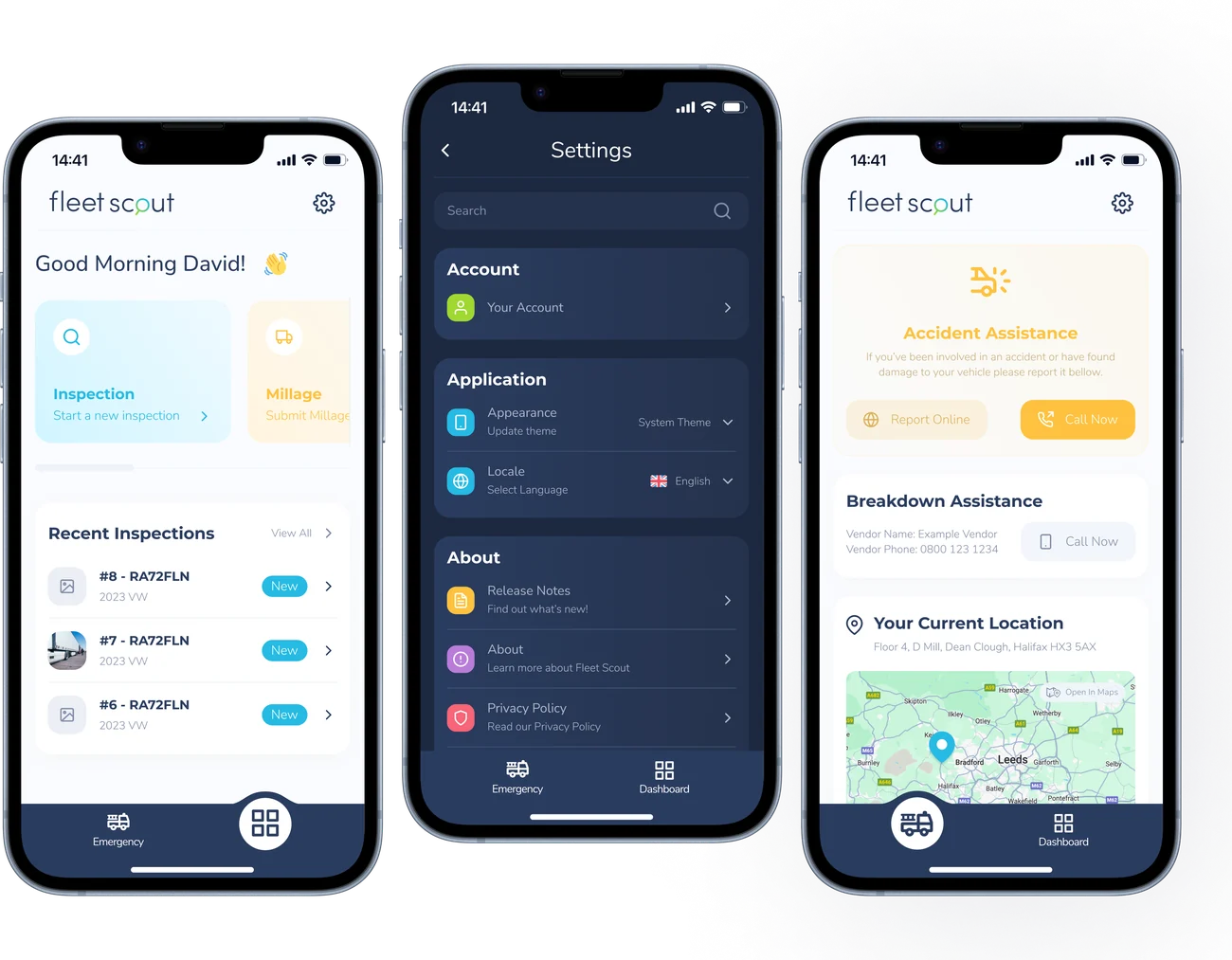 FleetScout Walkaround app screens showing the home view, settings and inspection history